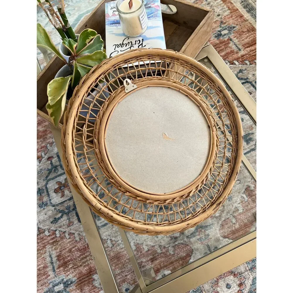 Vintage French Rattan Bamboo Pineapple Mirror 60s Natural Handmade Chic Boho